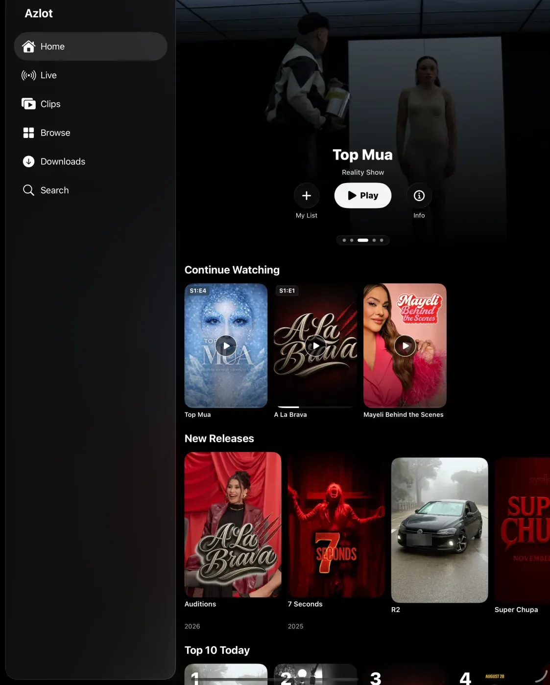 AzloTV iPad home with a sidebar (Home, Live, Clips, Browse, Downloads, Search), a featured hero with My List, Play and Info buttons, Continue Watching with episode badges and New Releases