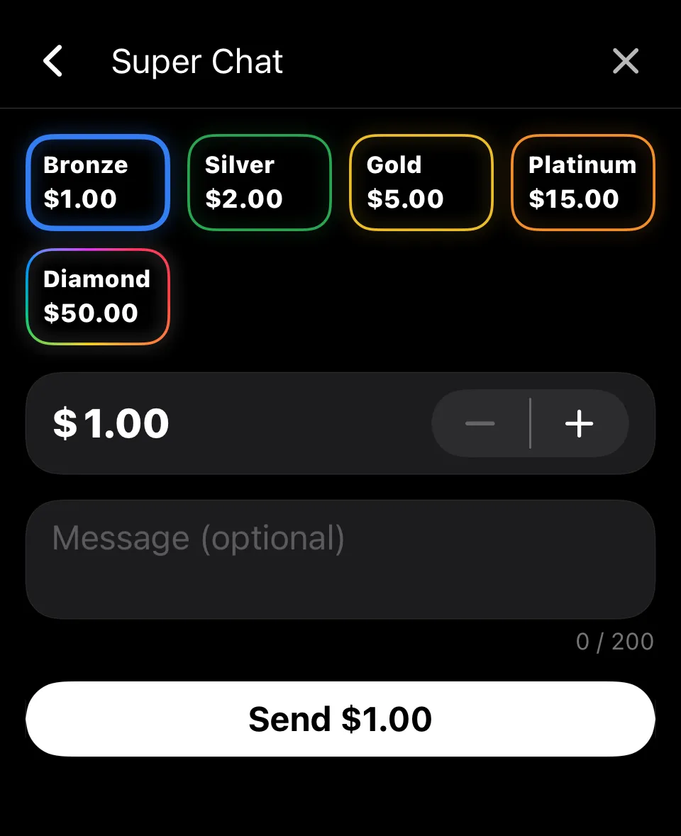 AzloTV iPhone Super Chat composer with Bronze, Silver, Gold, Platinum and Diamond amount tiers, an amount stepper, an optional message field with a 200-character counter and a Send $1.00 button