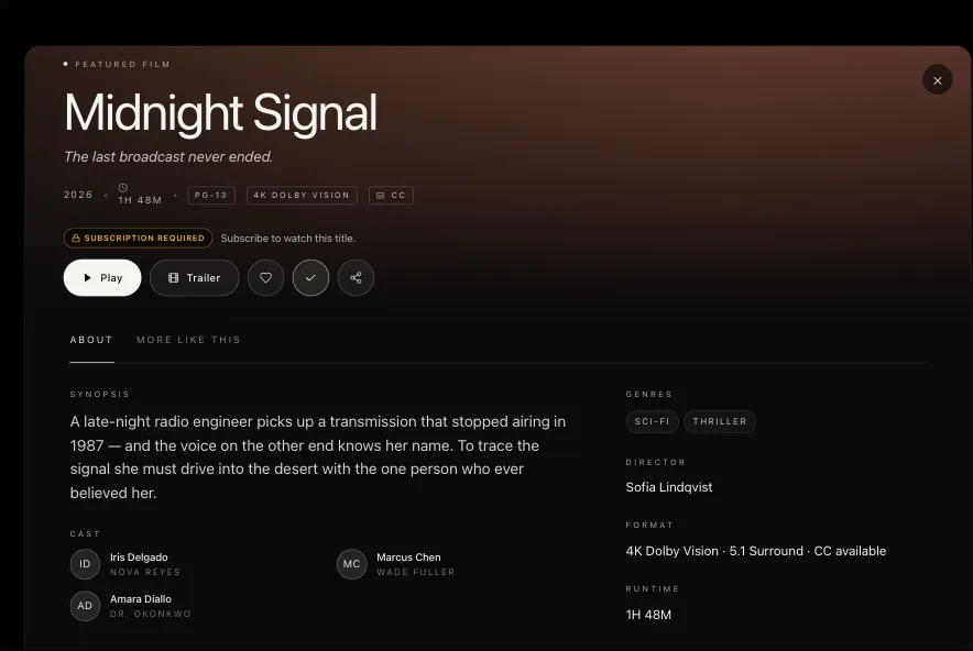 Web title detail modal for a sample film with Play, Trailer, wishlist and share actions, a Subscription required badge, synopsis, cast, genres and format details