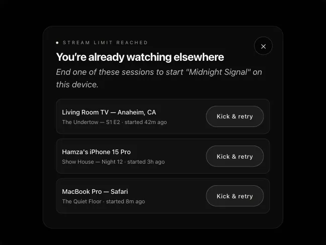 Stream limit reached dialog titled 'You're already watching elsewhere', listing three active sessions on other devices, each with a Kick and retry button