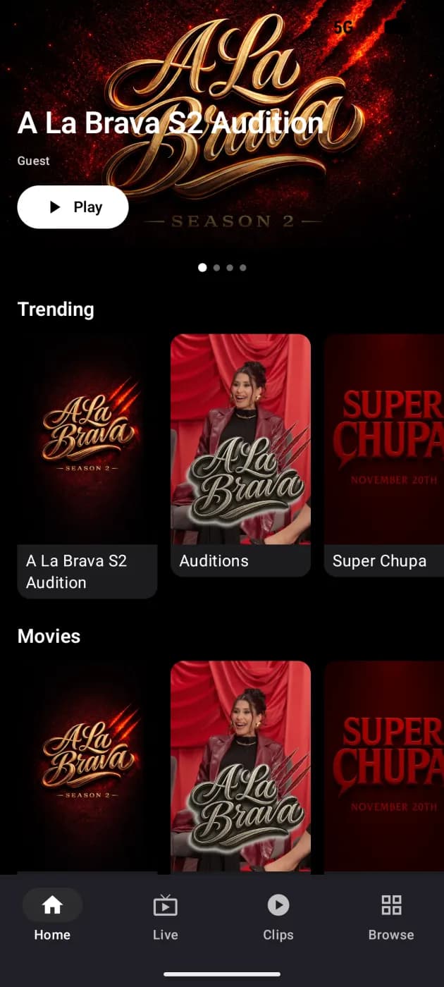 AzloTV Android home screen with a featured-show hero carousel, Trending and Movies rows, and a bottom navigation bar with Home, Live, Clips and Browse