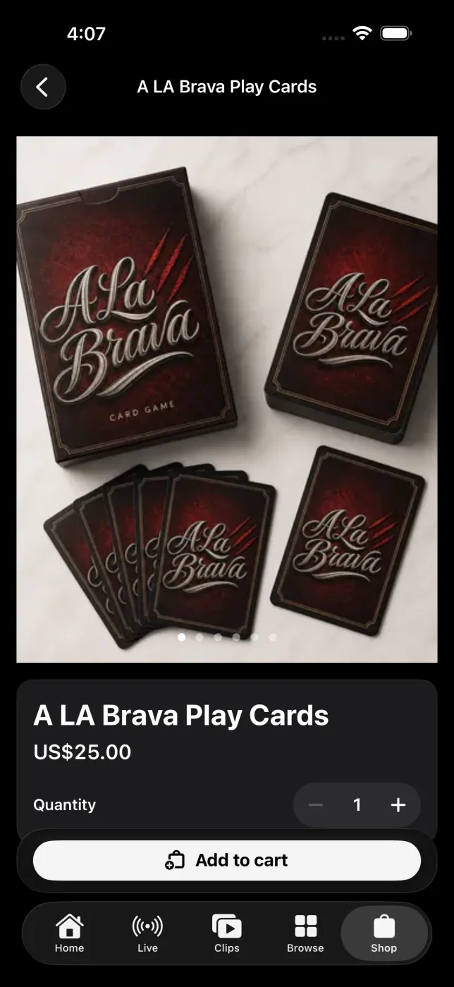 AzloTV iPhone merch product page showing a playing-card deck with an image carousel, price, quantity stepper and Add to cart button above a tab bar with Home, Live, Clips, Browse and Shop