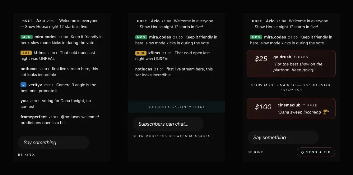 Three live chat panel states side by side: a conversation with host, mod and subscriber badges; subscribers-only chat with slow mode; and paid tip messages with a Send a tip button