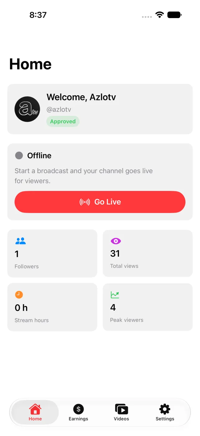 AzloTV Studio iPhone home screen with the @azlotv channel card marked Approved, an Offline status card with a red Go Live button, and tiles for followers, total views, stream hours and peak viewers