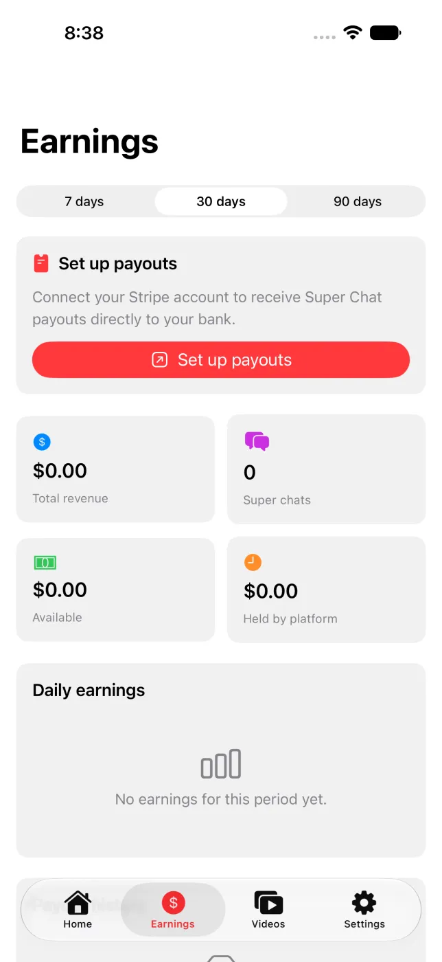 AzloTV Studio iPhone earnings screen with a 7/30/90-day selector, a Set up payouts card for connecting Stripe, tiles for total revenue, Super Chats, available and held-by-platform balances, and an empty daily earnings chart
