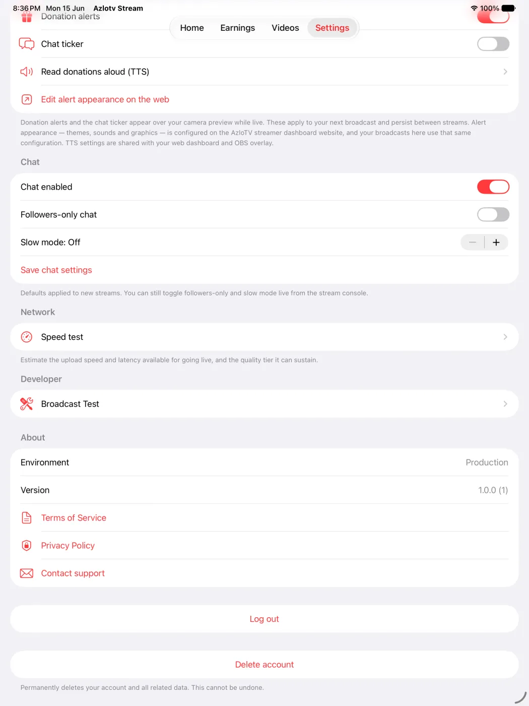 AzloTV Studio iPad settings screen with donation alert and chat ticker toggles, read-donations-aloud (TTS), chat defaults including followers-only and slow mode, a network speed test, a broadcast test entry and the about section