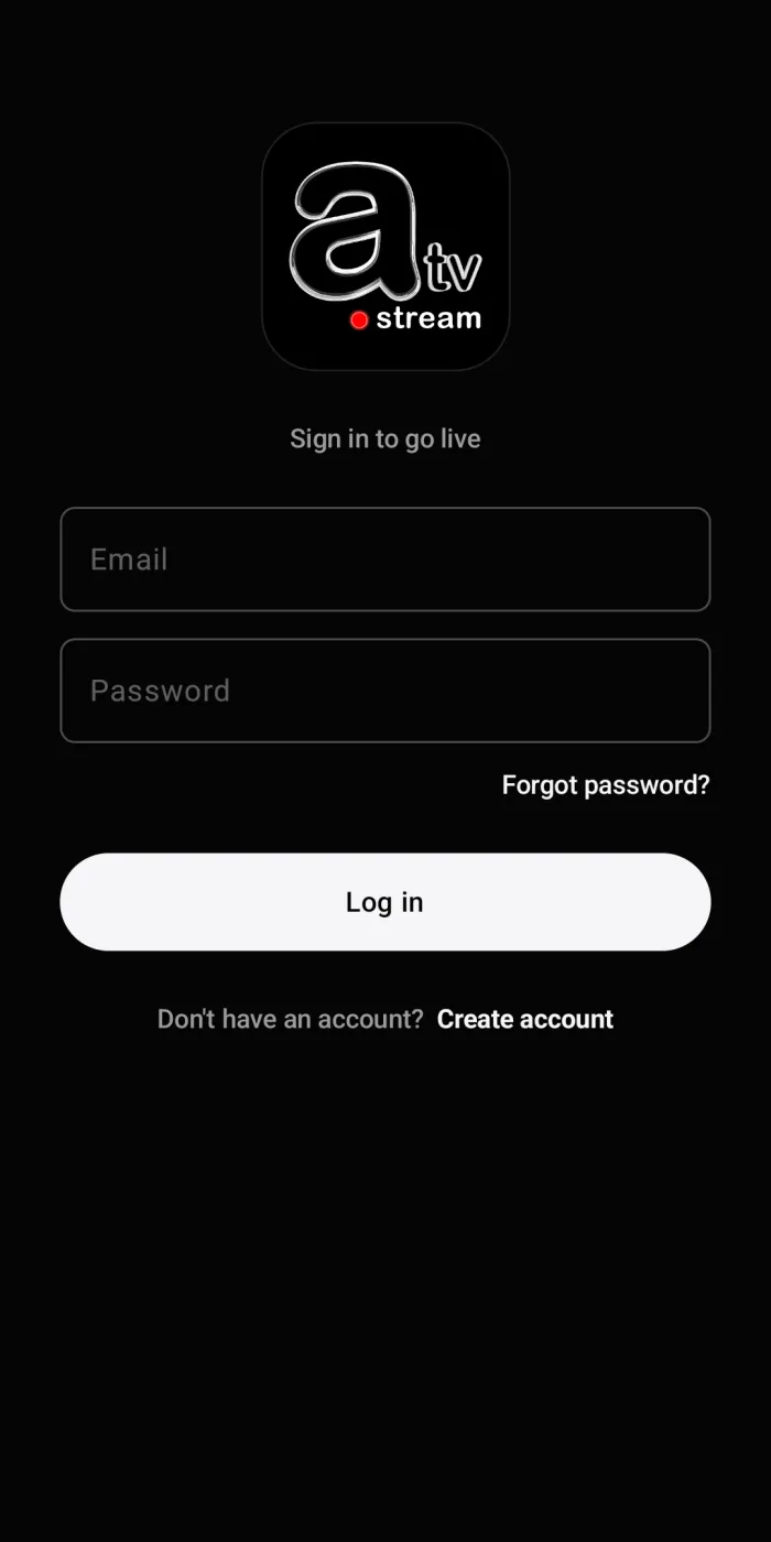 AzloTV Studio Android sign-in screen in dark theme with the Azlotv Stream logo, email and password fields, a Log in button and a Create account link