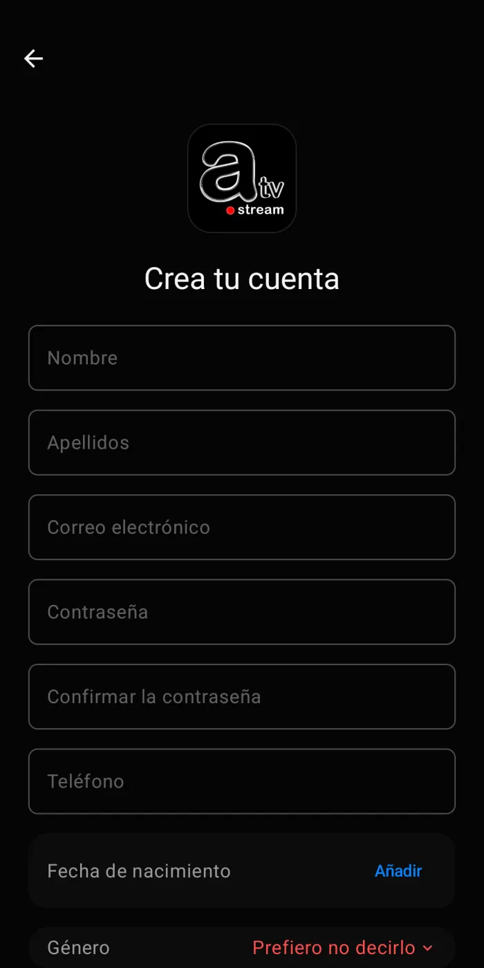 AzloTV Studio Android account creation screen in Spanish with first name, last name, email, password, confirm password and phone fields, a date of birth row and a gender selector