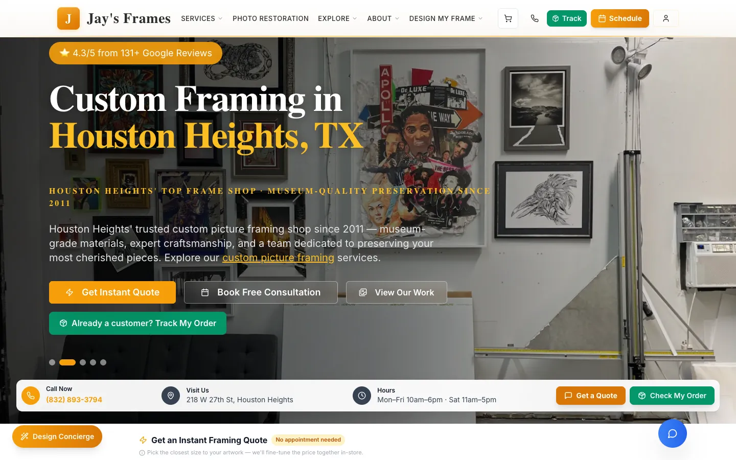 Jay's Frames homepage with a photo of the shop interior, Get Instant Quote, Book Free Consultation and Track My Order buttons, and a contact bar with phone, address and hours