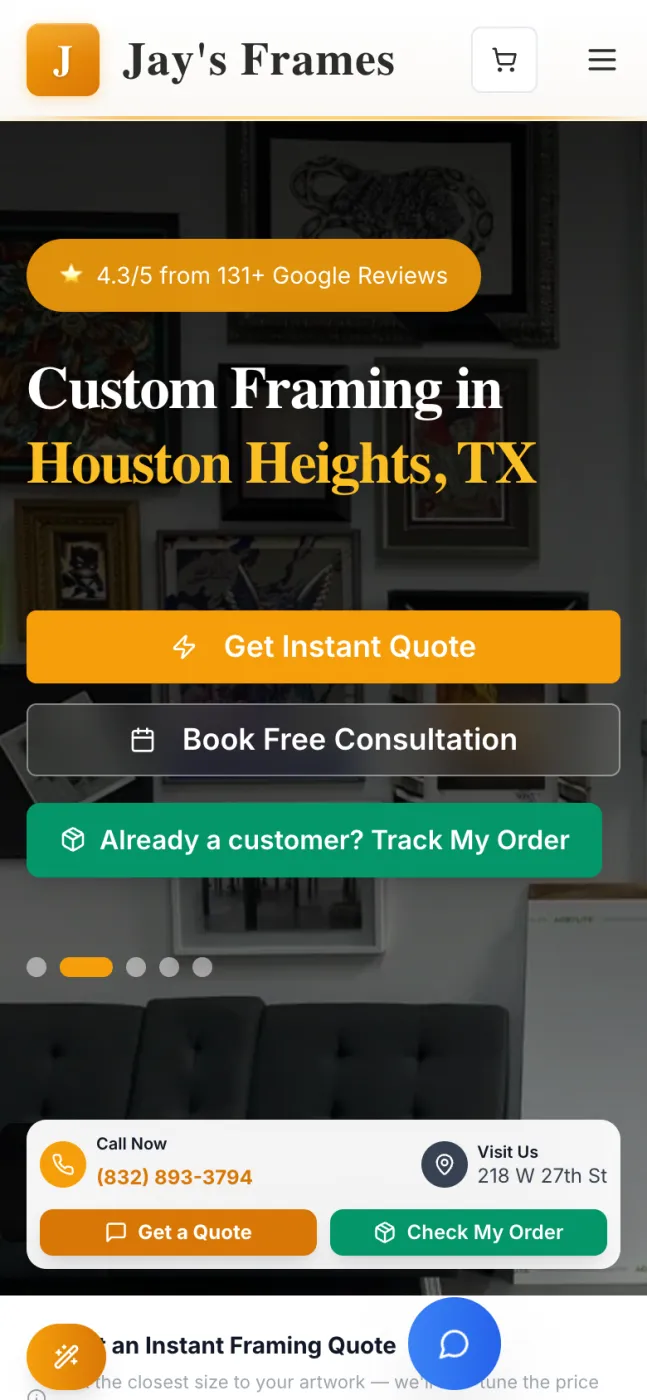 Jay's Frames homepage on a phone, with quote, consultation and order-tracking buttons stacked vertically