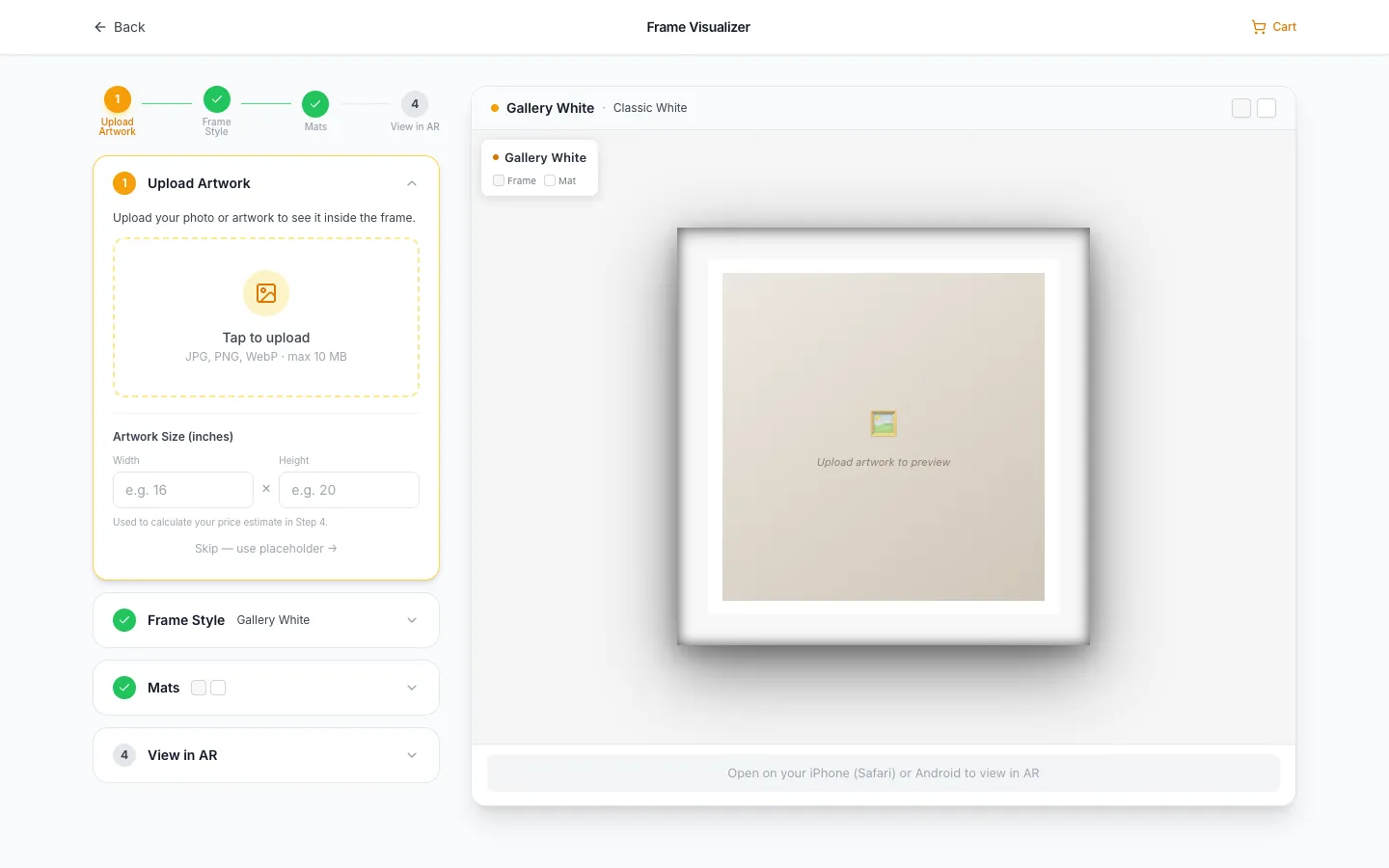 Frame Visualizer page with four steps (upload artwork, frame style, mats, view in AR), an artwork upload box with size fields, and an empty white-framed preview waiting for an upload