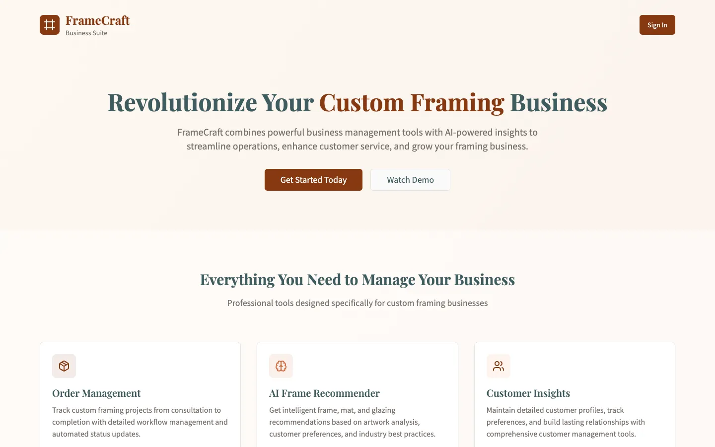 FrameCraft Business Suite landing page with feature cards for order management, an AI frame recommender and customer insights