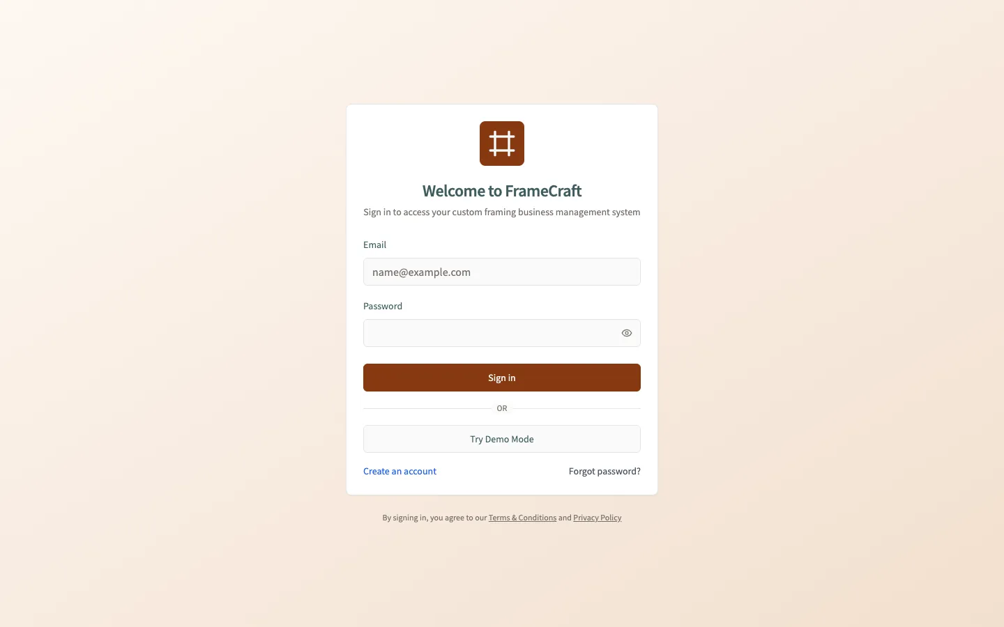 FrameCraft sign-in card with email and password fields, a Sign in button, a Try Demo Mode button, and create-account and forgot-password links