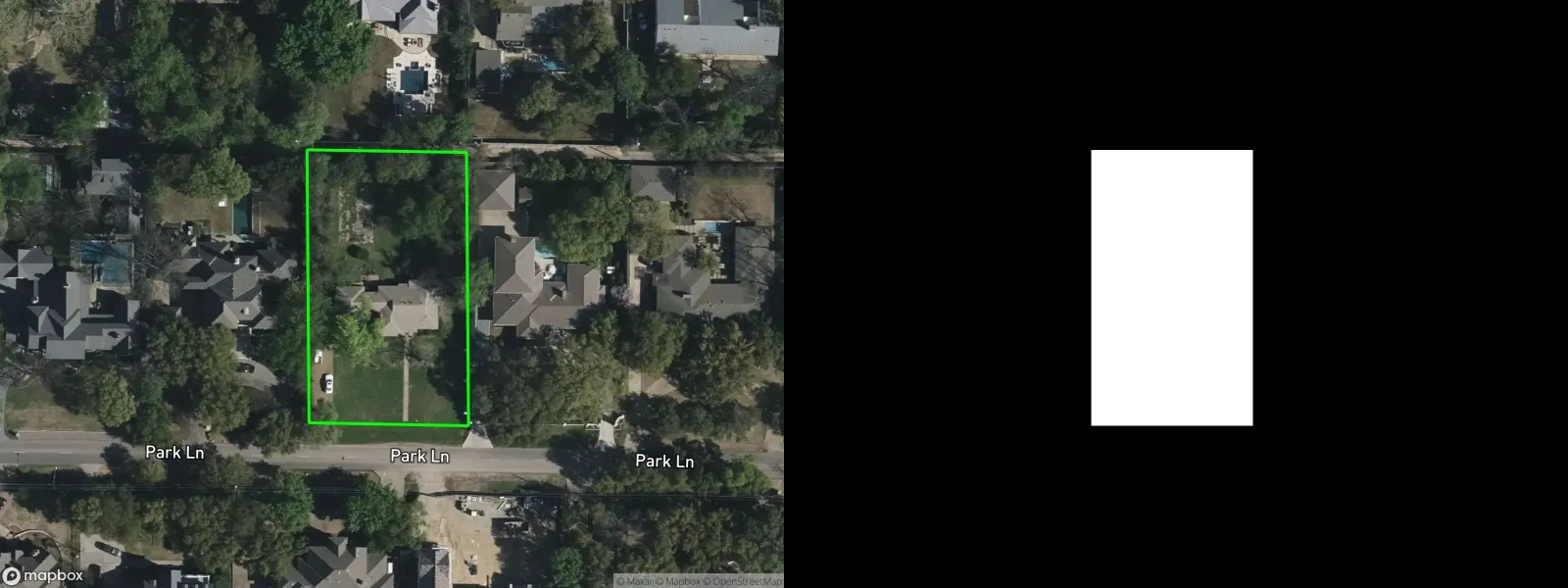 Mapbox satellite image of a residential block with one lot outlined in green, next to a black image with a white rectangle marking the editable area