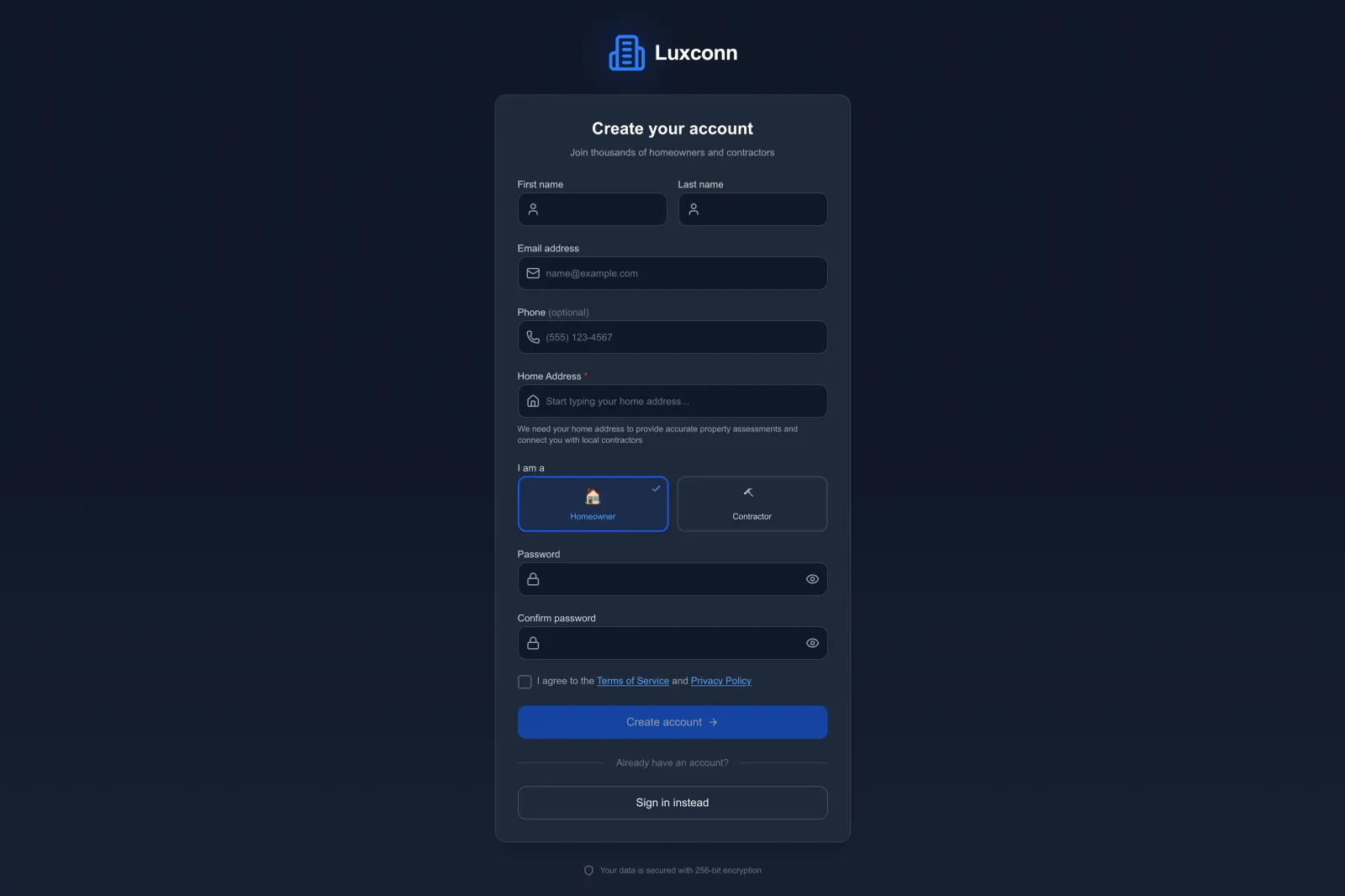 Dark-themed Luxconn Create your account form with name, email, optional phone, home address field and a Homeowner or Contractor selector