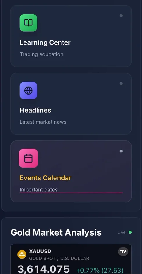MENA Trade mobile dashboard showing Learning Center, Headlines and Events Calendar cards above a live Gold Market Analysis panel with the XAUUSD price