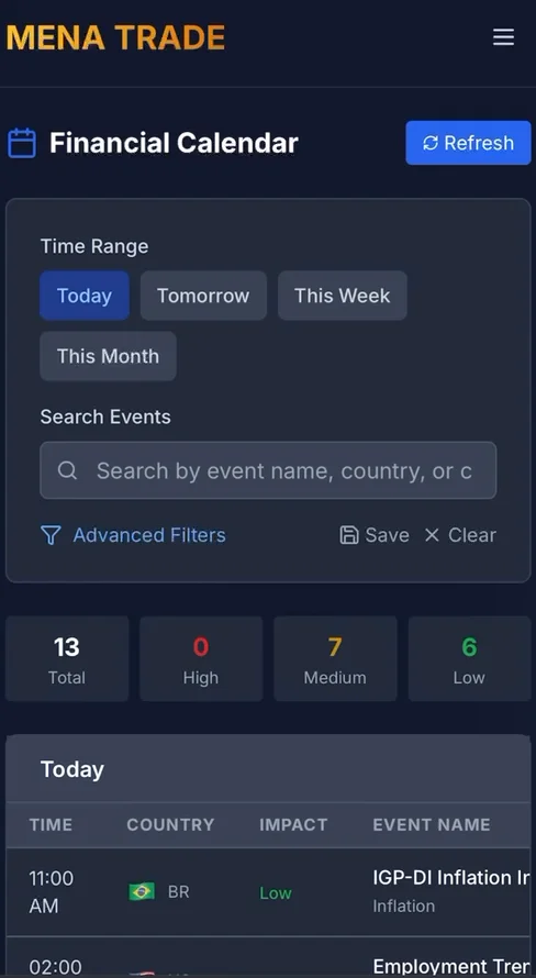 MENA Trade financial calendar on mobile with time-range filters, event search, counts of events by impact and a table of today's economic events
