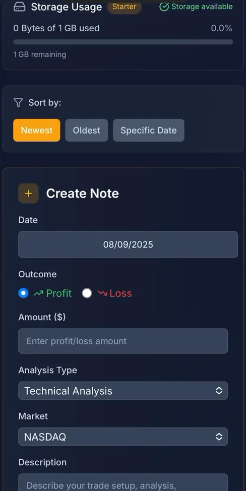 MENA Trade trading notes screen with a storage usage bar, sort options and a Create Note form for date, outcome, amount, analysis type and market