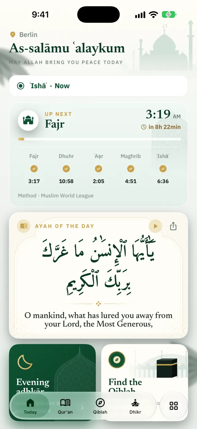 Sakinah Today screen on iPhone showing the next prayer with a countdown, today's five prayer times and the ayah of the day