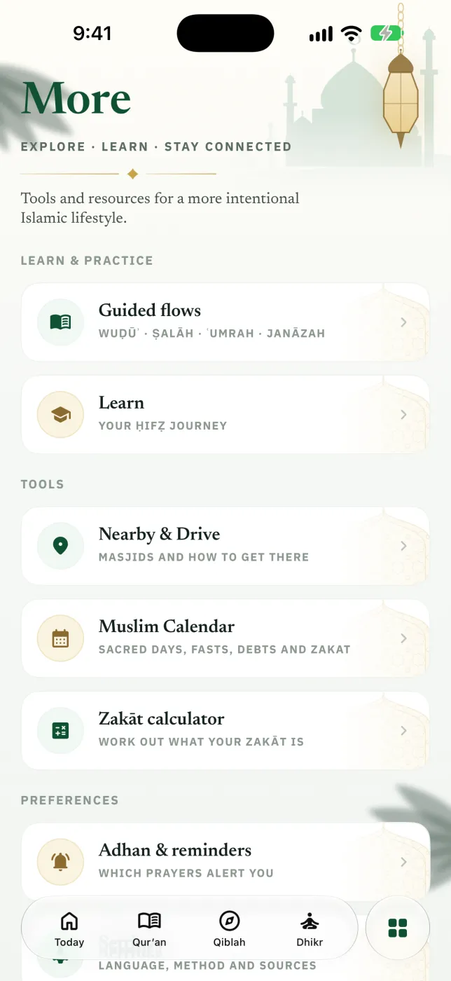 More tab listing guided flows, Learn, Nearby and Drive, the Muslim calendar, the zakat calculator and adhan settings