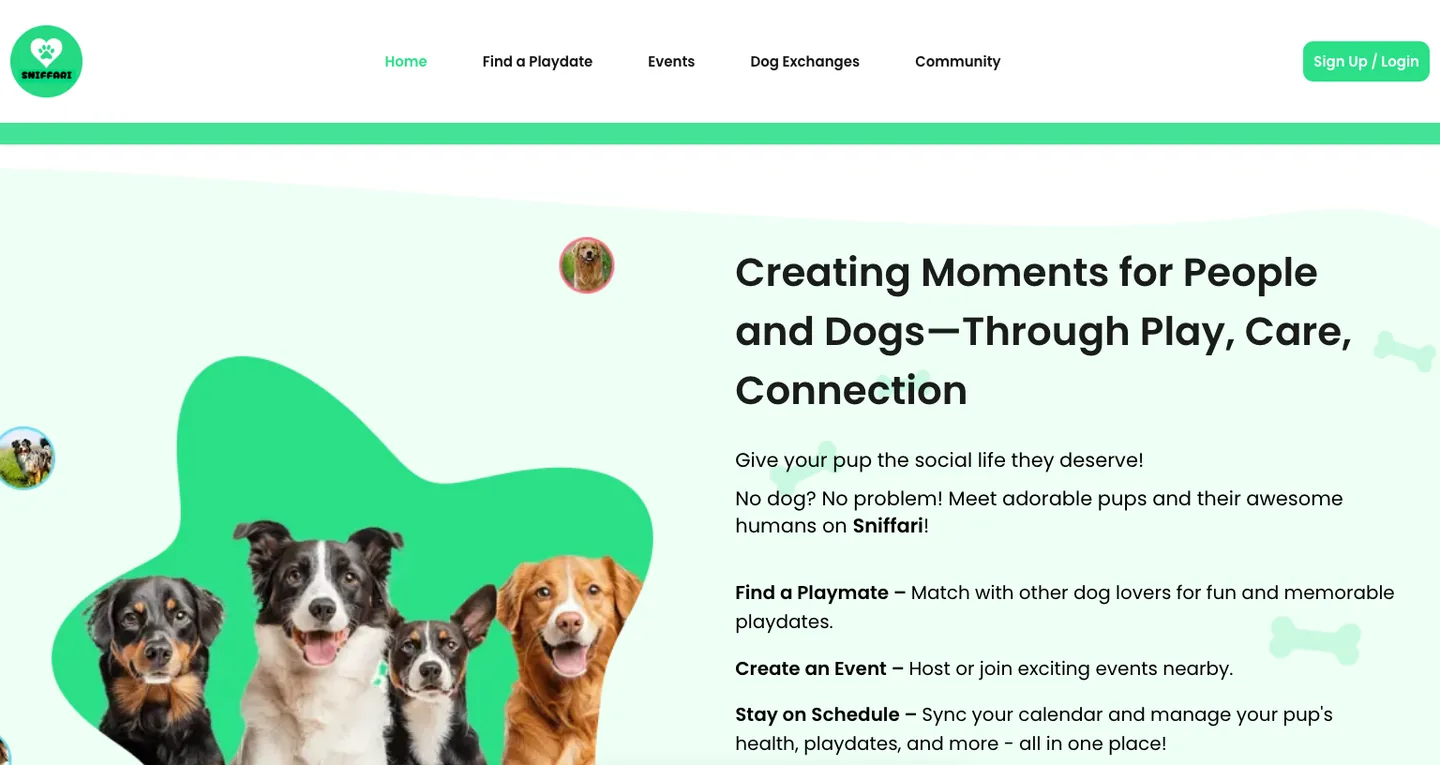 Sniffari home page with a hero image of four dogs on a green shape beside the headline and a list of features