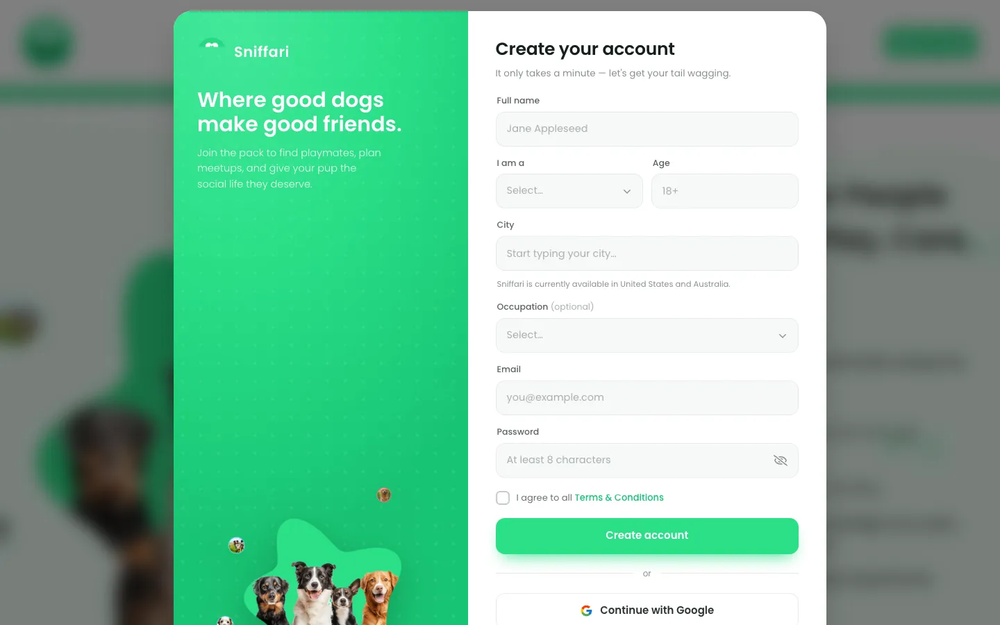 Two-panel sign-up modal with a green branded panel on the left and an empty account form with age, city, email and password fields and a Continue with Google button on the right