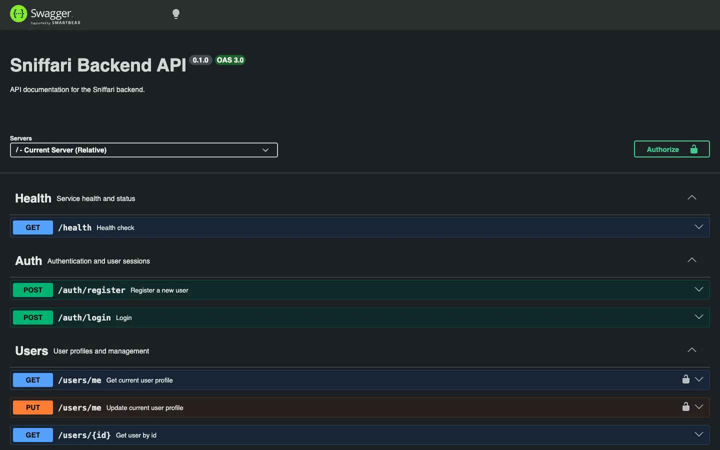 Swagger UI titled Sniffari Backend API listing health, auth and user endpoints