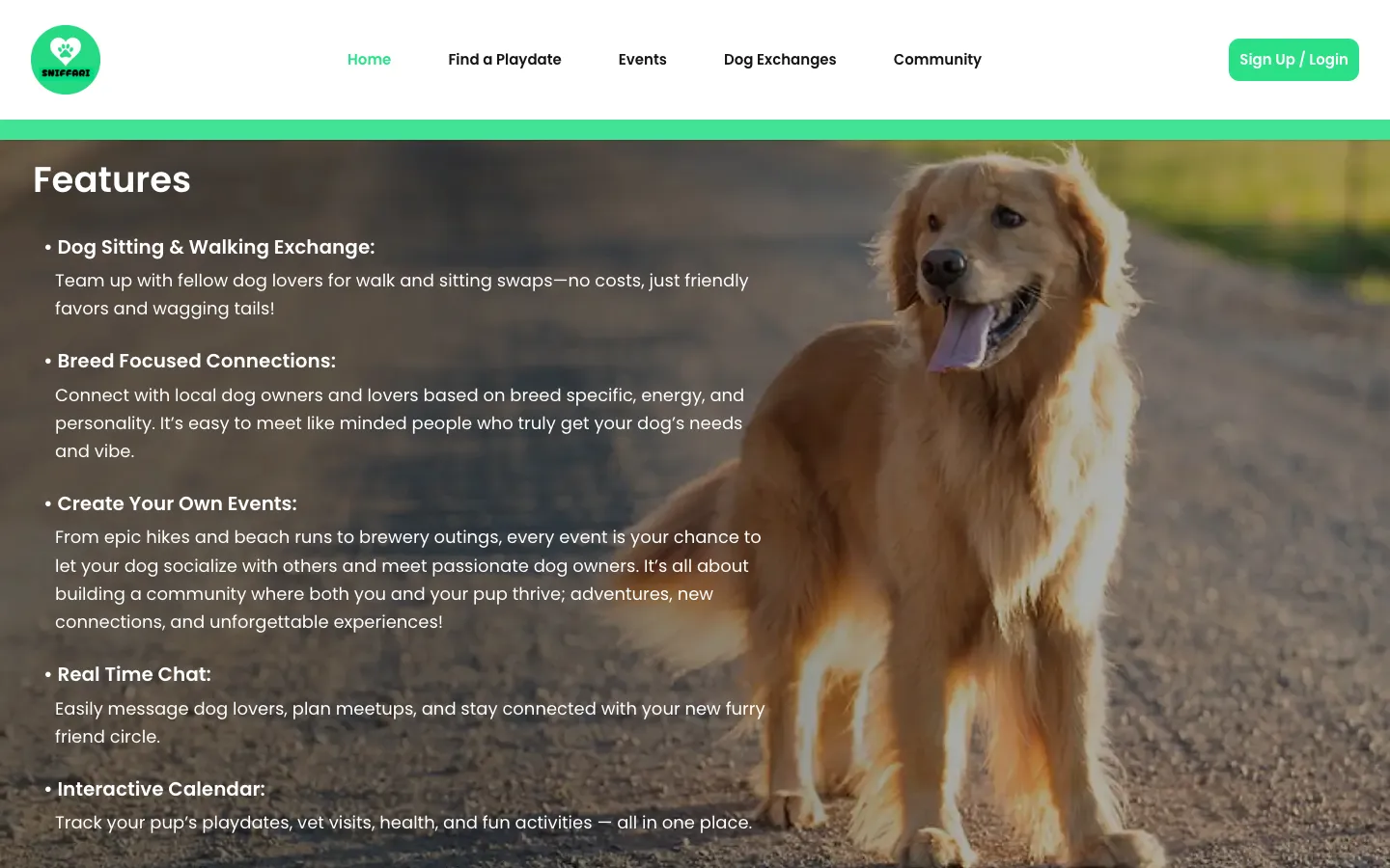 Features section over a photo of a golden retriever listing the sitting and walking exchange, breed-focused connections, events, chat and a calendar