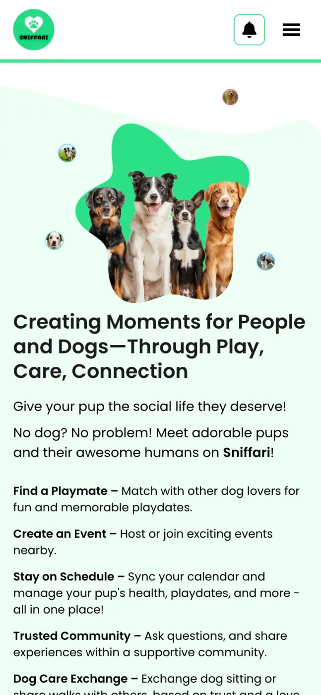 Sniffari home page on a phone with the dog hero image above the headline