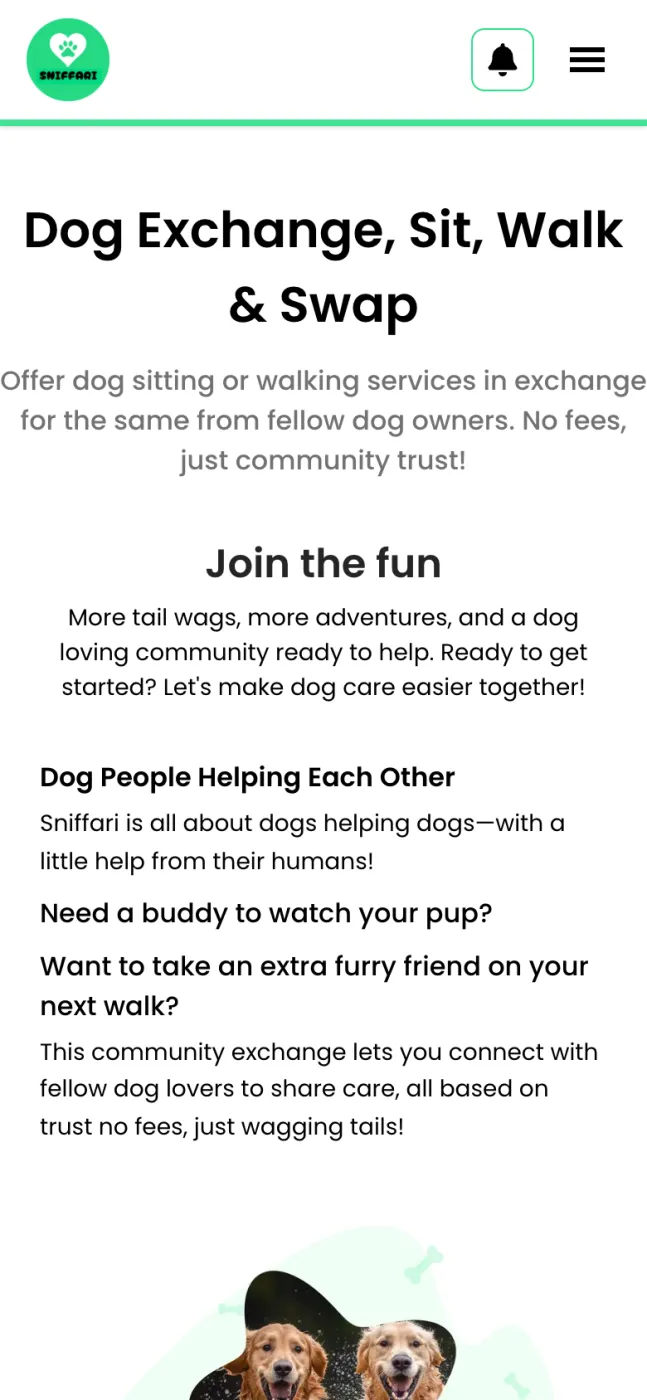 Dog Exchange page on a phone titled Dog Exchange, Sit, Walk and Swap
