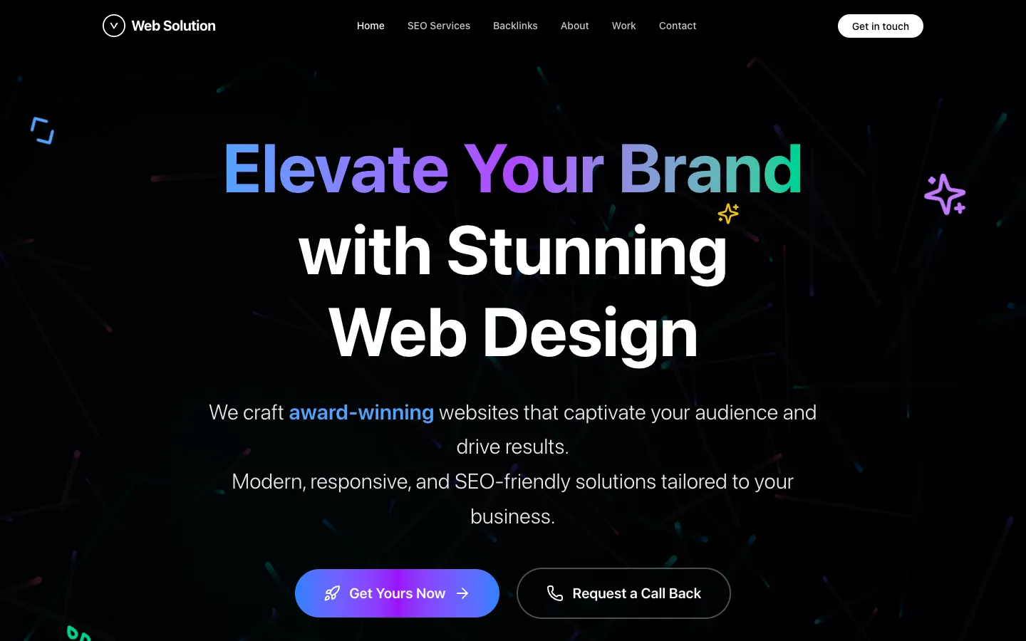 WebSolution.ma homepage hero on desktop: dark background with thin animated streaks, gradient headline 'Elevate Your Brand with Stunning Web Design', floating icons and two call-to-action buttons