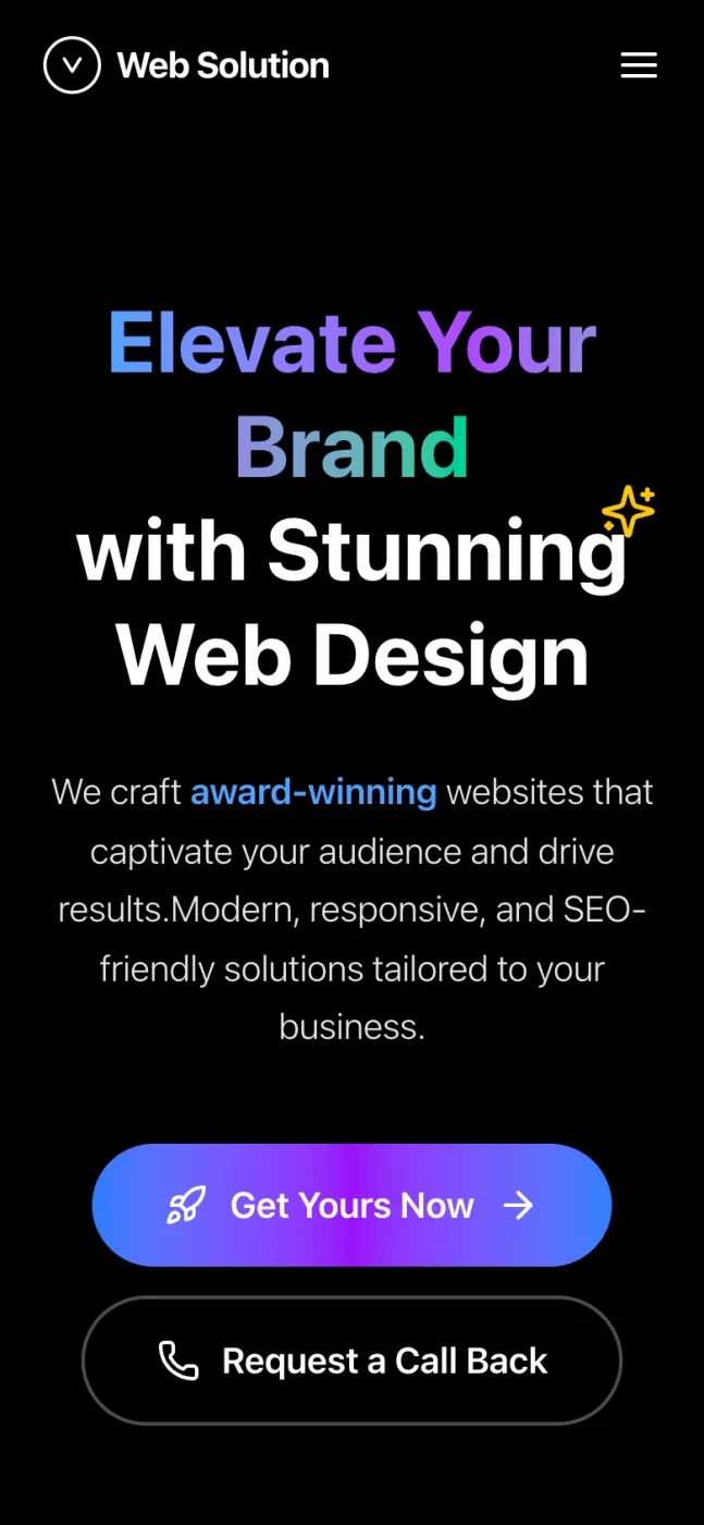 WebSolution.ma homepage on a phone-width viewport with a hamburger menu, stacked headline and full-width buttons