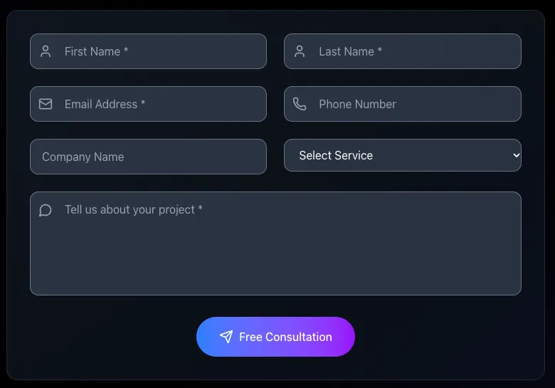 Empty consultation form with first name, last name, email, phone, company name, service select and project description fields and a 'Free Consultation' button