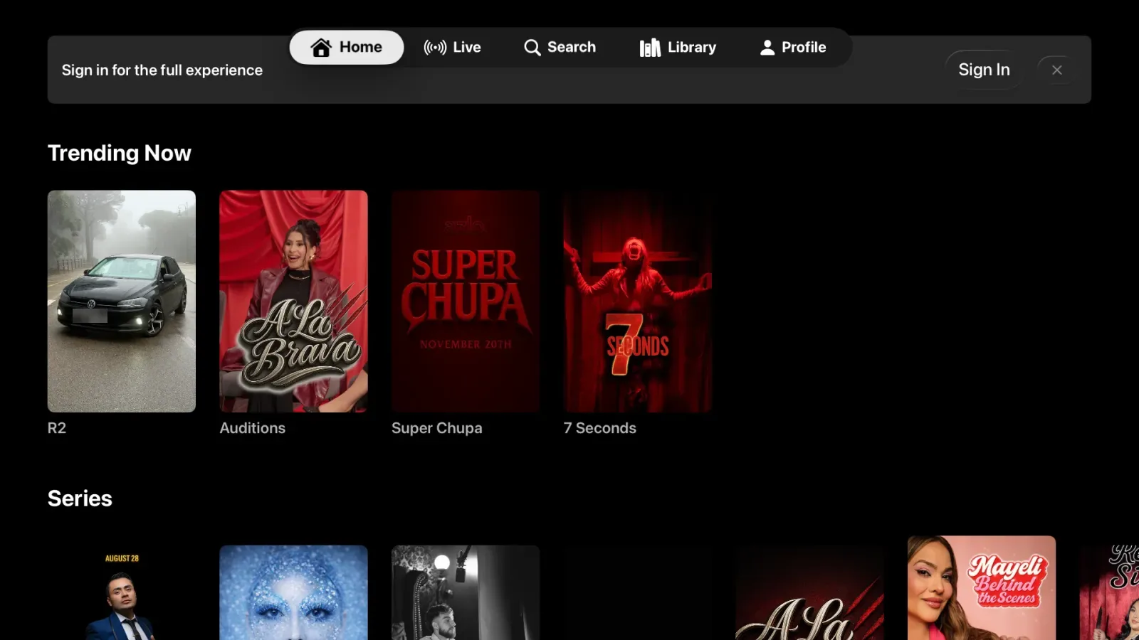 AzloTV Apple TV home screen with a top tab bar (Home, Live, Search, Library, Profile), a 'Sign in for the full experience' banner, and Trending Now and Series poster rows